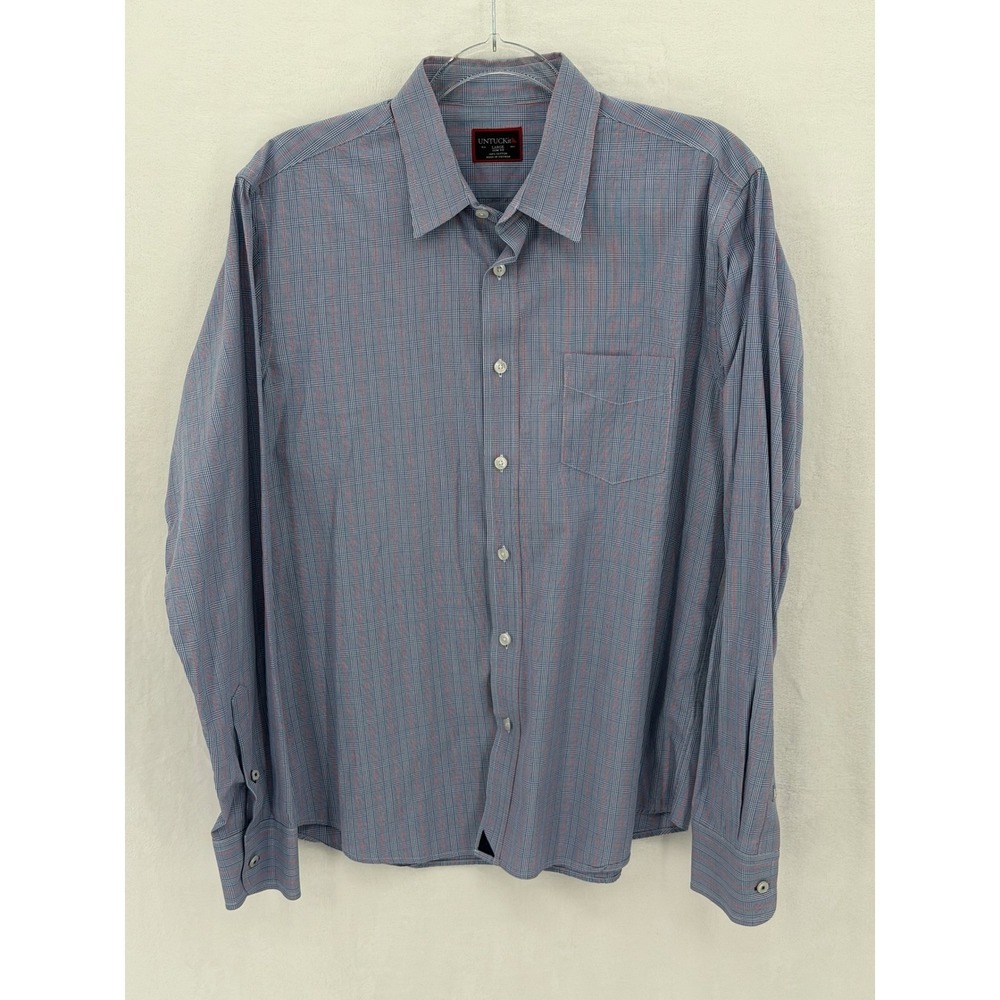 Untuckit Shirt Men Large Blue Red Stripe Slim Fit Button Up Cotton Preppy Office